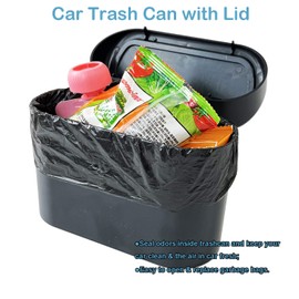 Kitbest Car Bin, Car Trash Can with Lid 60 pcs Trash Bags, Mini Small Car Rubbish Garbage Bins for Front and Back of Car, Portable Cute Car Accessories for Storage and Organization, Waterproof, Black