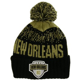 New Orleans City Name Rubber Patch Ribbed Winter Knit Pom Beanie (Khaki/Black)