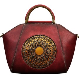 Genuine Leather Handbags for Women, Organizer Top Handle Satchel Vintage Embossing Totem Shoulder Bag Medium