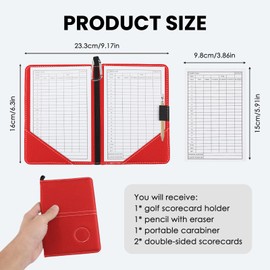 AHRLIC Leather Golf Scorecard Holder Set, Waterproof Golf Card Holder with Pencil and 2 Scorecards, Portable Foldable Design, Ideal Golf Scorecard Pocket Notebook for Men & Women, Red