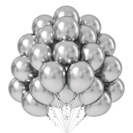 FOTIOMRG Metallic Silver Balloons 12 inch, 50 Pack Chrome Silver Latex Party Balloons Helium Quality for Birthday Graduation Baby Shower Disco Wedding Party Decorations (with Silver Ribbon)