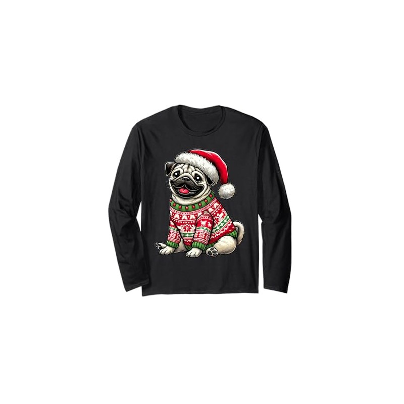 Dog Pug Ugly Sweater Santa Hat Christmas Langarmshirt