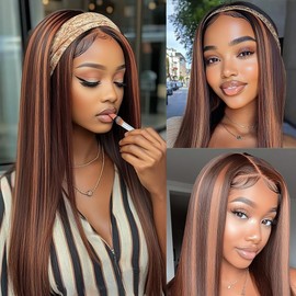 Dokksiiia Highlight Brown Straight Human Hair Bundles Ombre P4/30 Dark Brown and Light Brown Bundles Double Weft Brazilian Human Hair Extensions Sew-In for Black Women 18 20 22 Inch