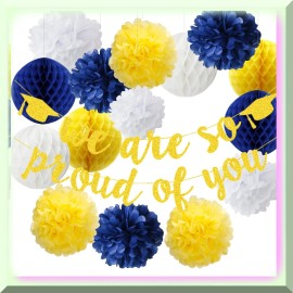 Zyvora 2024 Grad Party Decorations: Navy Blue Yellow "So Proud of You" Banner