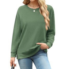 Elesomo Womens Cotton Sweatshirts Crewneck Loose Sweat Shirt Side Split, Green M