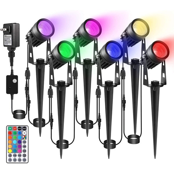 GreenClick RGB LED Landscape Lighting Low Voltage 6-in-1 with Remote, 16 Color Changing Landscape Lights 8 Modes IP65 Waterproof Outdoor Spotlights with Transformer for Holiday Garden House Outdoor
