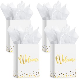 Geyoga 30 Pcs Welcome Gift Bags with Tissue Paper Gold Welcome Wedding Bags with Handle Welcome Kraft Paper Tote Bags for Business, Birthday, Shopping, Wedding, Baby Shower, Party Favors (White)