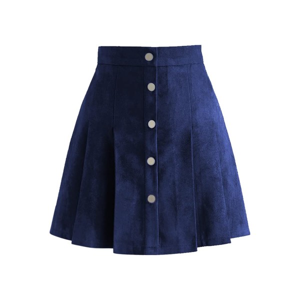 EXLURA Falda corta plisada de ante sintético de cintura alta para mujer con botones frontales elásticos, Azul Marino, M