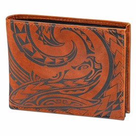 Hawaiian Shark Tattoo Flip ID Billfold Wallet for Men, Genuine Leather, "Mano" Tattoo art by Kuaika Quenga (Antique Bourbon) from NAKOA