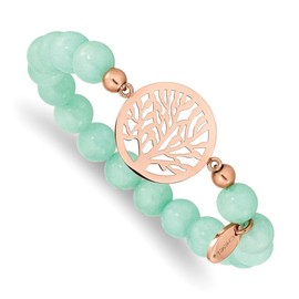 Auriga Fine Jewelry Stainless Steel Polished Rose IP-plated Tree of Life 8mm Green Dyed Jade Beaded Stretch Bracelet 6"