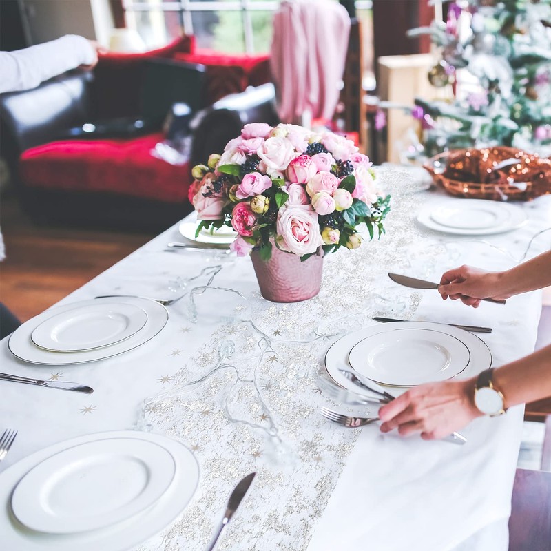 Fowecelt Table Runner Silver Glitter - Table Cloth Table Cover