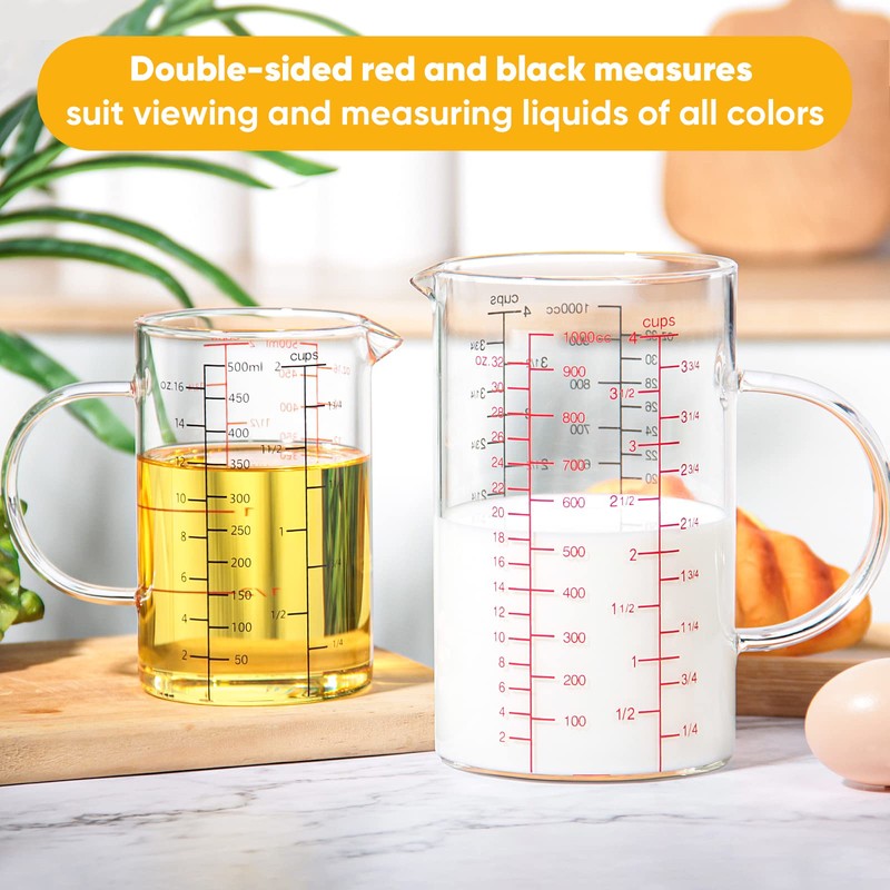 77L Glass Measuring Cup with Handle, [Double-Sided Measuring Scale, V-Shaped
