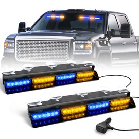 HLauto 6Z4J Emergency Dash Strobe Lights: 2x16.8 inch Blue Amber Safety Lights, 48 LED Flashing Warning Hazard Interior Windshield Visor Traffic Light Bar for Trucks, Construction Vehicles