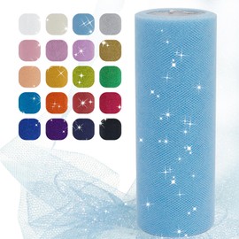 JeogYong Light Blue Glitter Tulle Fabric Roll, 6" x 25 Yards Polyester Netting Fabric Tulle Roll, Tulle Ribbon DIY Fabrics for Tutu Skirts Dress Wedding Party Decor Gift Wrapping Craft Supplies