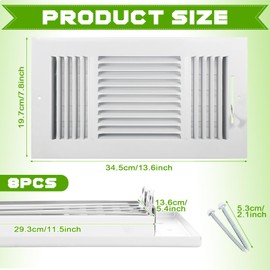 Gisafai 8 Pcs Vent Covers 12 x 6 Inch HVAC Sidewall Air Ceiling Register 3 Way Vents for Wall Solid Steel Manual Adjuster for Home, Bathroom, Toilet, Office (White)