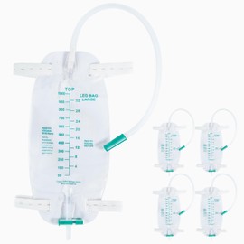 5 Pack 1000ml Leg Bag Urinary Drainage Bag with Adjustable Shoulder Straps and 17.7 Inch Flexible Tube with Leak Proof Anti Reflux Design and Soft Durable Material with Self Sealing Valve,Green