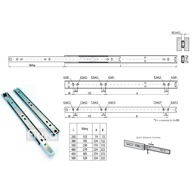 27mm Ball Bearing Drawer Runners/Slides - 400mm