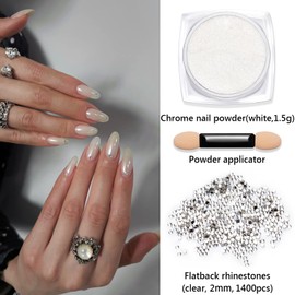 LIGHT RAIN 1.5g White Pearl Chrome Nail Powder Kit - Glass and Pearlescent Transparent Glitter Dust, 1400pcs 2mm Flatback Clear Crystal Rhinestones, 1 Applicator for Nail Art