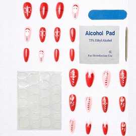 CHAONENG Christmas Almond Fake Nails With Candy Designs Santa Claus Red Christmas Nails - Press On, 24pcs