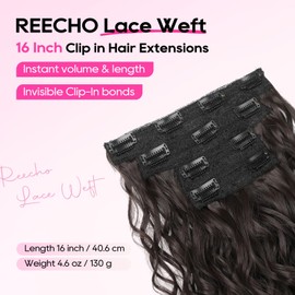 REECHO Curly Hair Extensions, 4PCS 16 inch Clip in Hair Extensions Lace Weft Short Curly Clip Ins Invisible Natural Hairpieces for Women, Dark Brown