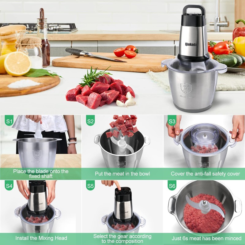 Food Processor, 500W Powerful Meat Grinder, 14Cup Stainless Steel Bowl,
