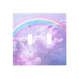 Rainbow in the Clouds 2 Gang Double Toggle Wall Plates Pink Art Panel Light Switch Cover Decorative Purple Cloud Electrical Switchplate Faceplate Cute Dimmer for Bedroom Kidroom Nursery Decor