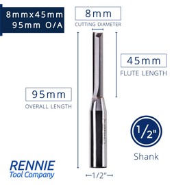 Rennie Tools - 8mm Cutting Diameter x 45mm Flute x 1/2" Shank Solid Carbide Tip 2 Flute Straight Router Cutter Bit. Compatible With Makita Trend Festool Hikoki Dewalt Router Etc. 8mm Router Bit