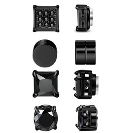 4 Pairs Magnetic Stud Earrings, Stainless Steel Magnetic Earrings for Men Women, Silver Black Cubic Zirconia Stud Earrings, Non-Piercing Clip on Stud Earrings for Men, Boys, Women, Stainless Steel, No