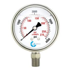 CARBO Instruments 2" Pressure Gauge, Stainless Steel Case, Chrome Plated Brass Connection, Liquid Filled, 0-4000 psi/kPa, Lower Mount 1/4" NPT