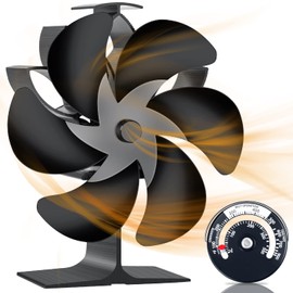 Sumeriy Stove Fan, No Power Supply, Automatic, Silent, Energy Saving, Eco Fan, Indoor Air Circulation, Wood Stove/Fireplace Equipment, For Heating, Cold Protection, 6 Blades, Thermal Furnace, Includes Thermometer (Black)