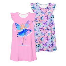 UNIFACO Girls Night Gowns Size 5-6 Butterfly Fairy Nightdress Flutter Sleeve Sleepwear Cute Soft 2pcs Pajamas Dress