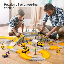 Car Racing Track for Children with 2 Electric Cars, 6 Cars Excavator Toy, Flexible Car Track Toy Cars Set for 3 4 5 6 7 Years Old Child Children Boys Girls