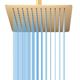 Rainfall Shower Head, BSTIIU 12 Inch Square Shaped Rain Shower Head, Ultra Thin Stainless Steel Ceiling or Wall Mounted Showerheads, Brushed Brass Gold