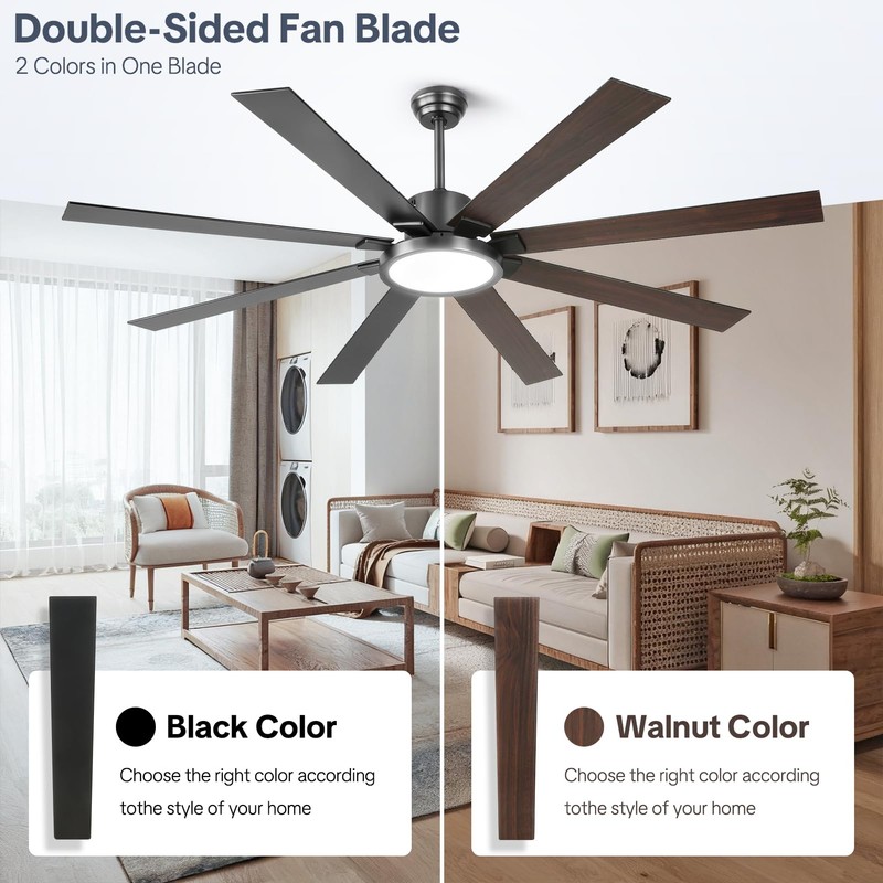 Large Ceiling Fans with Lights, Modern 72 Inch 8 Blade