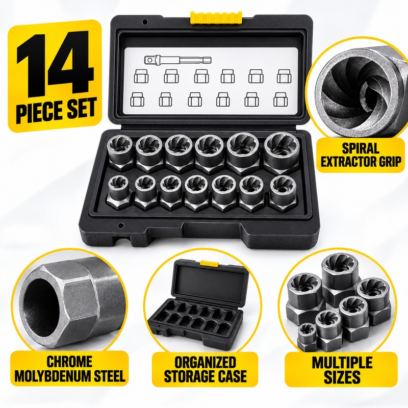 14Pcs Damaged Nut Bolt Extractor Set Impact Socket Bolt Remover