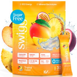 Swigg Electrolytes Powder Packets - No Sugar Multivitamin Hydration Powder, Sugar Free Electrolyte Drink Mix with Vitamin B12, B5, B6, C, D and Folate, Multi Vitamin Water, Tropical Fusion - 30 Sticks
