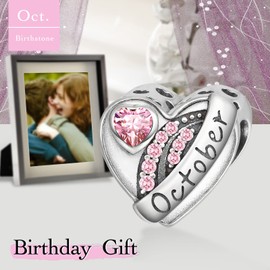 Qings Birthstone Heart Charms Beads Silver 925 Birthstone Charm Pendant Jewellery Compatible European Bracelets Necklace for Mother Christmas Birthday Gift, 925 sterling silver, Cubic Zirconia