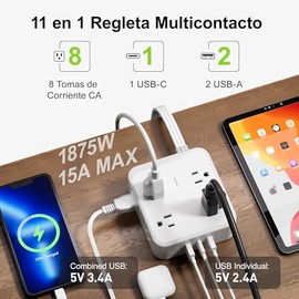 BN-LINK Regleta Multicontacto Pared con 8 Salidas Ca y 3 USB (1 USB-C, 2 USB-A), 1.2M Plana Extension Electrica, Supresor de Picos 800J, Ideal para Ho