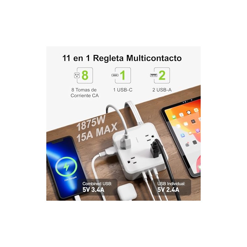 BN-LINK Regleta Multicontacto Pared con 8 Salidas Ca y 3