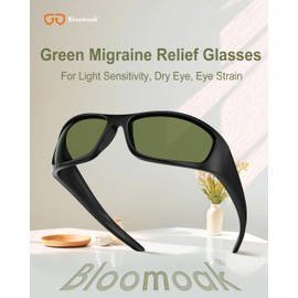 Bloomoak Grüne Migränebrille, blockiert Blau- und Rotlicht, für Computermonitore, fluoreszierendes LED-Blendenlicht, Photophobie, Augenbelastung, im Freien, Unisex