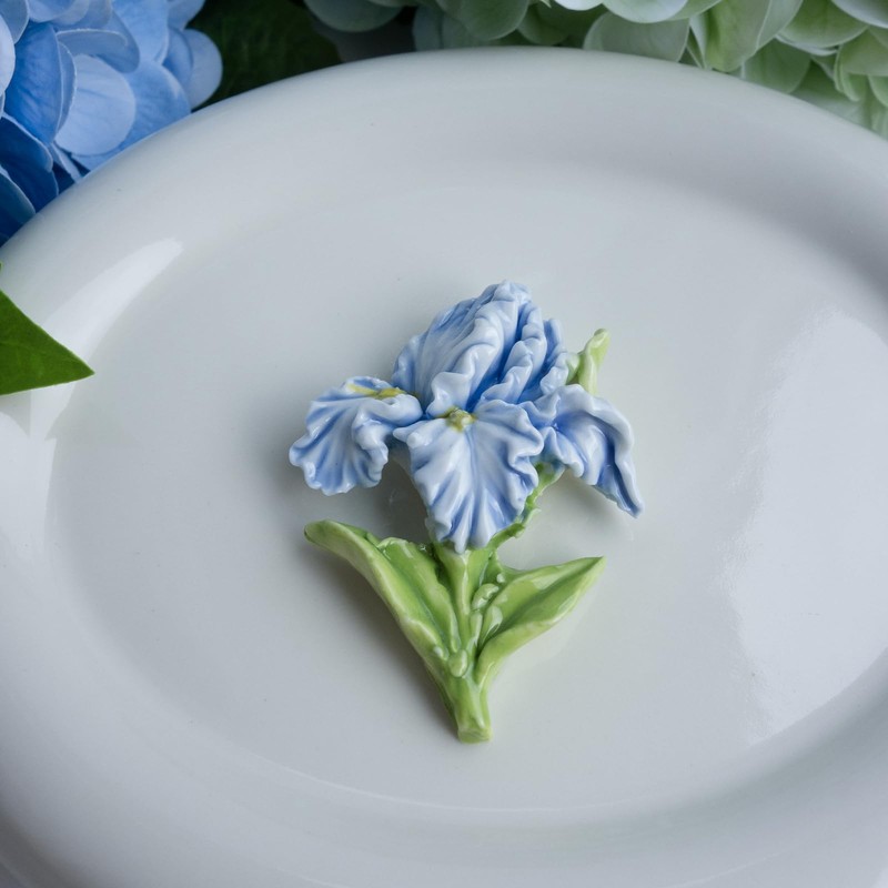 1 Pc Blue Iris Fridge Magnet, Handmade 3D Ceramic Flower