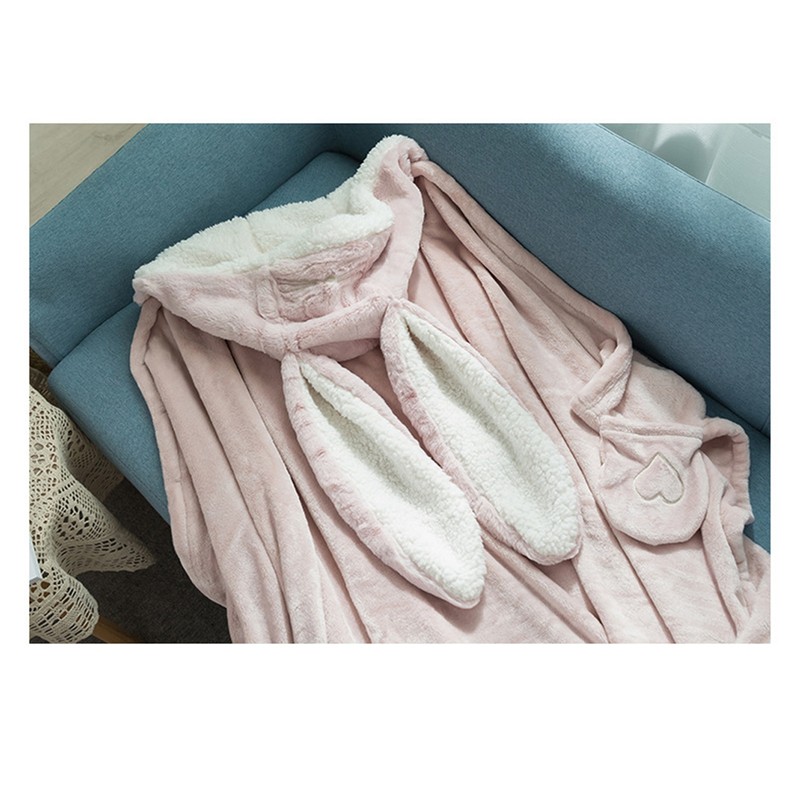 Hooded Blanket Wearable Polyester Plush Rabbit Ear Hooded Blanket Throw