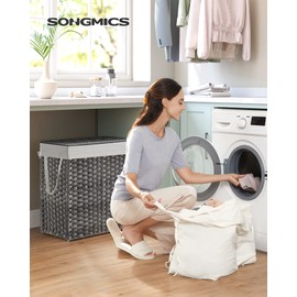 SONGMICS Laundry Hamper with Lid, 110L Clothes Hamper with 2 Removable Liner Bags, 6 Mesh Bags, Wicker Laundry Basket, Double Laundry Hamper for Bathroom, 13 x 22.4 x 23.6 Inches, Gray ULCB52WG