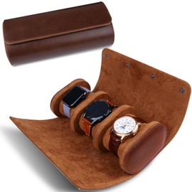 RoYiio 3 Slots Cylindrical Watch Box, Watch Roll Travel Bag, Vintage Watch Case for Men Women - Brown Upgrade Version