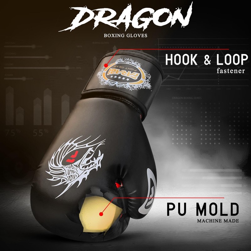 Farabi Boxing Gloves for Training Punching Sparring (Black Dragon, 10-oz)