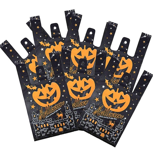 Konsait 100Pcs Halloween Candy Bags Plastic Pumpkin Bags Kids Trick Or Treat Bags Halloween Party Gift Bag Goody Bags with Handles for Halloween Party Favors, Kids Halloween Party Supplies