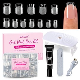 Misssix Kit de puntas de uñas de gel cuadradas extra cortas, 216 uñas postizas transparentes pregrabadas, pegamento de gel 9 en 1 para uñas postizas d