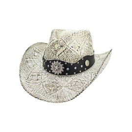 Luxury Divas White Antiqued Straw Cowboy Hat with Jeweled Band Size Small