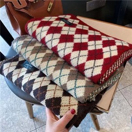 New Christmas Women's Vintage Argyle Knit Scarf (Thick) Free Size / Brown - 35x190cm 2ea