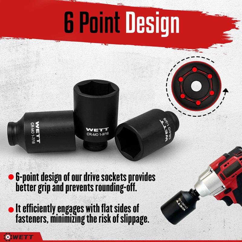 WETT 1/2" Drive Deep Large Impact Socket Set, 8-Piece Spindle